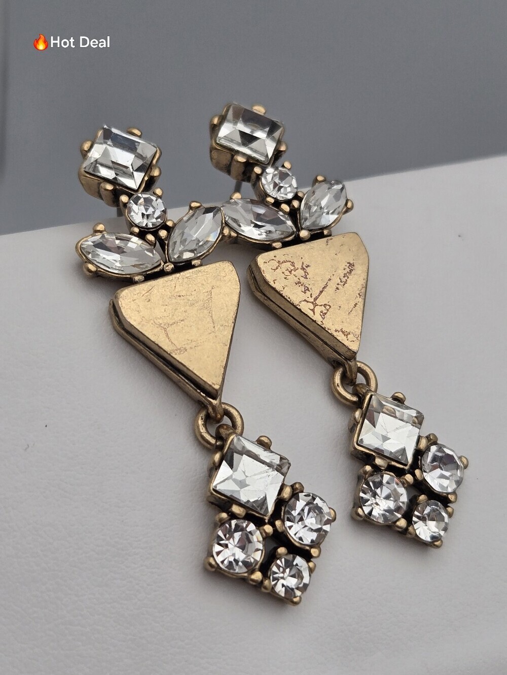 Vintage J.Crew Rhinestone Drop Earrings Gold Tone Statement 2" Sparkle